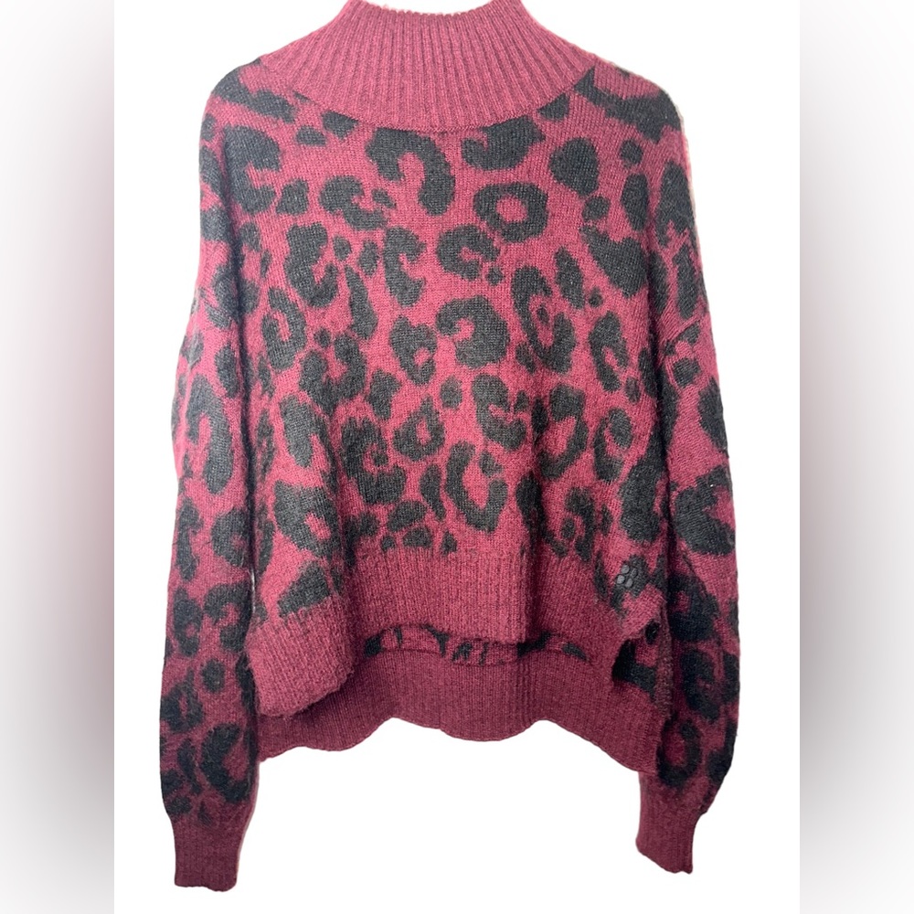 Sweaty Betty Burgundy and Black Leopard Turtleneck Sweater